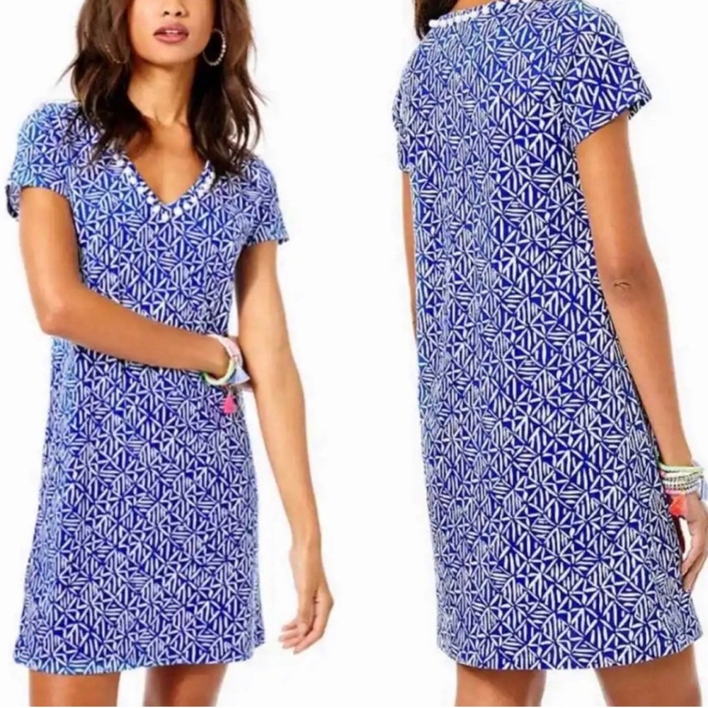 Lilly Pulitzer Blue White Pom Etta V Neck Dress XL